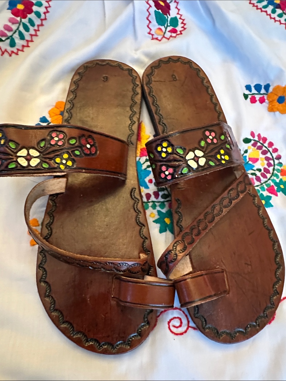 SIZE 9US  Hand-Painted Brown Leather Floral Sandals